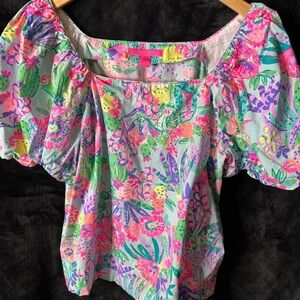 Lilly Pulitzer floral  blouse  balloons short sleeves square neck lace Sz xl